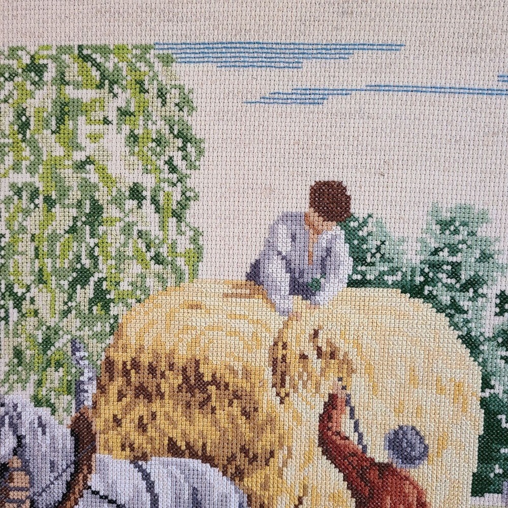 Vintage Cross Stitch Hay Wagon Barn Scene Farm Completed Textile Needlework - Picture 4 of 13
